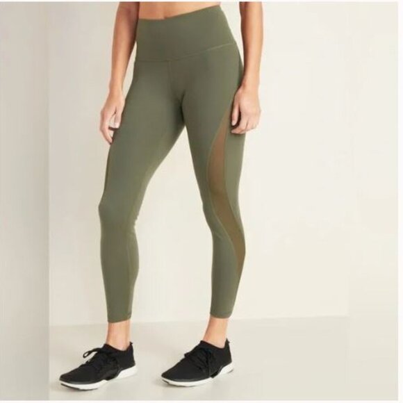 Old Navy Elevate 7/8 Leggings Go Dry Mesh-Splice Olive Compression Legging - Picture 1 of 7